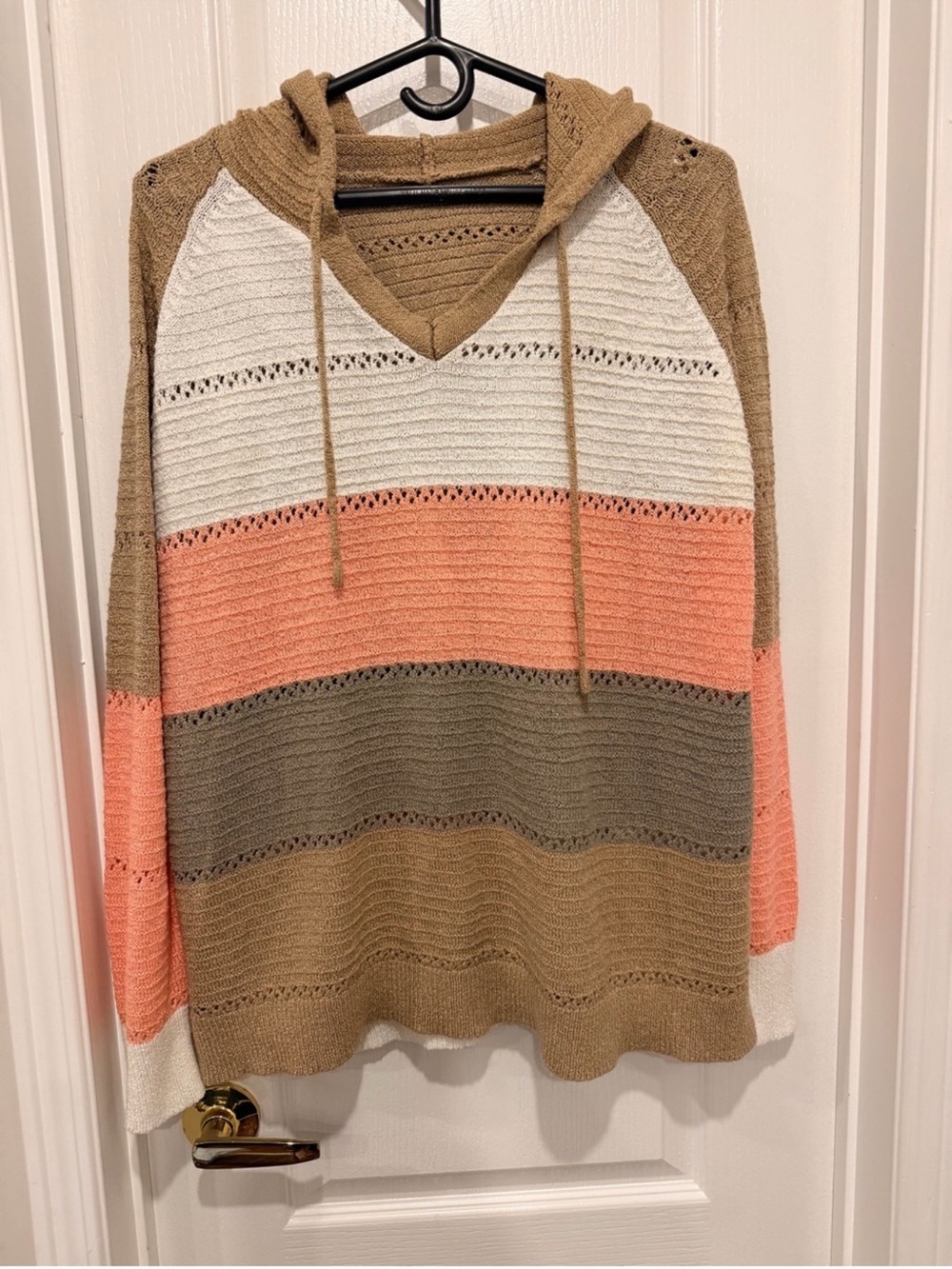 Striped Hooded Knit Sweater in Coral, Cream & Olive